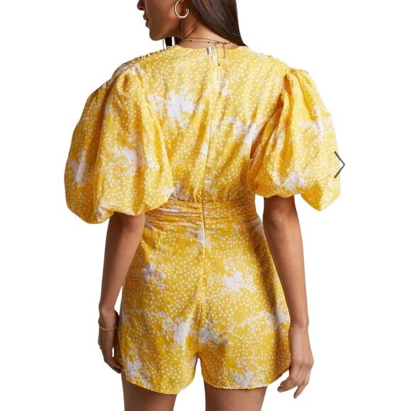 Showpo NWT Ailiza Playsuit Yellow Floral V Neck Puff Sleeve Wide Leg Romper - Picture 2 of 16